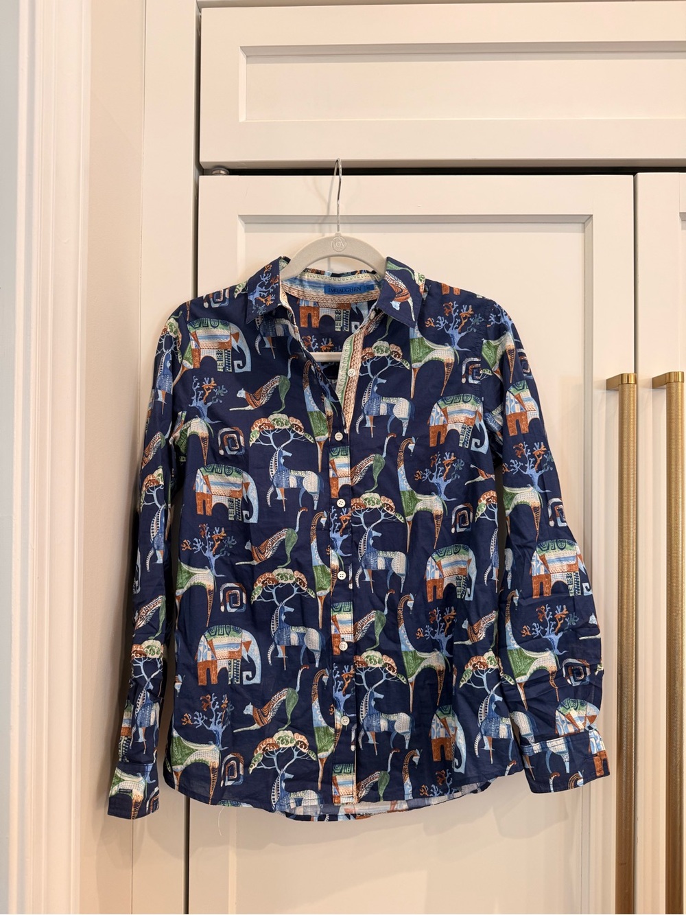 J. McLaughlin Navy Button-Down with Colorful Elephant Print